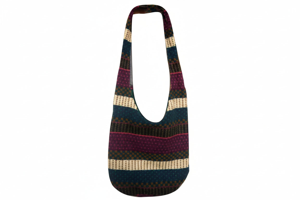 Striped handbag with a colorful pattern on a white background