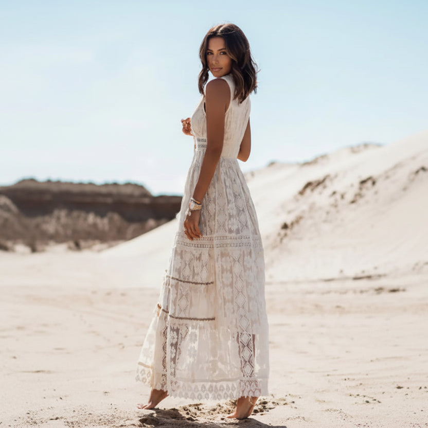 Boho Summer Lace V Neck Beach Dress