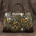 Decorative handbag with intricate patterns on a textured background