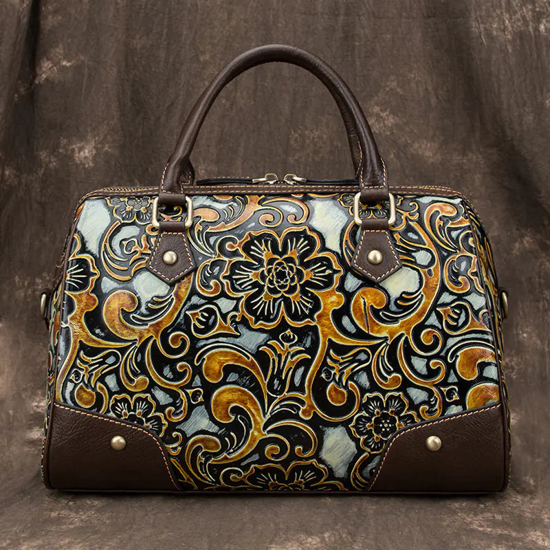 Decorative handbag with intricate patterns on a textured background