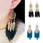 Bohemian Long Dreamcatcher Leaf Feather Earrings
