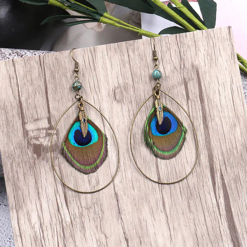 Bohemian Vintage Natural Peacock Feather Earrings