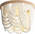 Three Light White Wood Bead Bohemian Chandelier Handmade-1