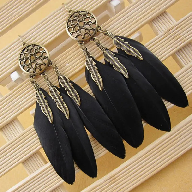 Bohemian Long Dreamcatcher Leaf Feather Earrings