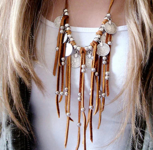 Bohemian Suede Coin Bead Tassel Necklace