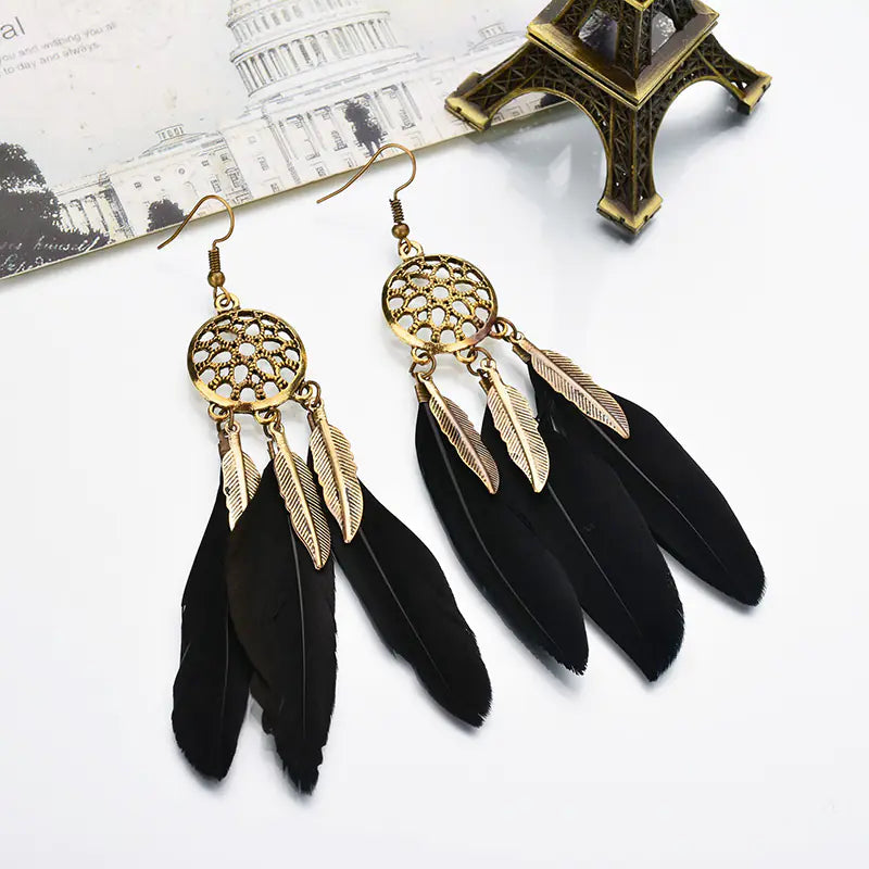 Bohemian Long Dreamcatcher Leaf Feather Earrings