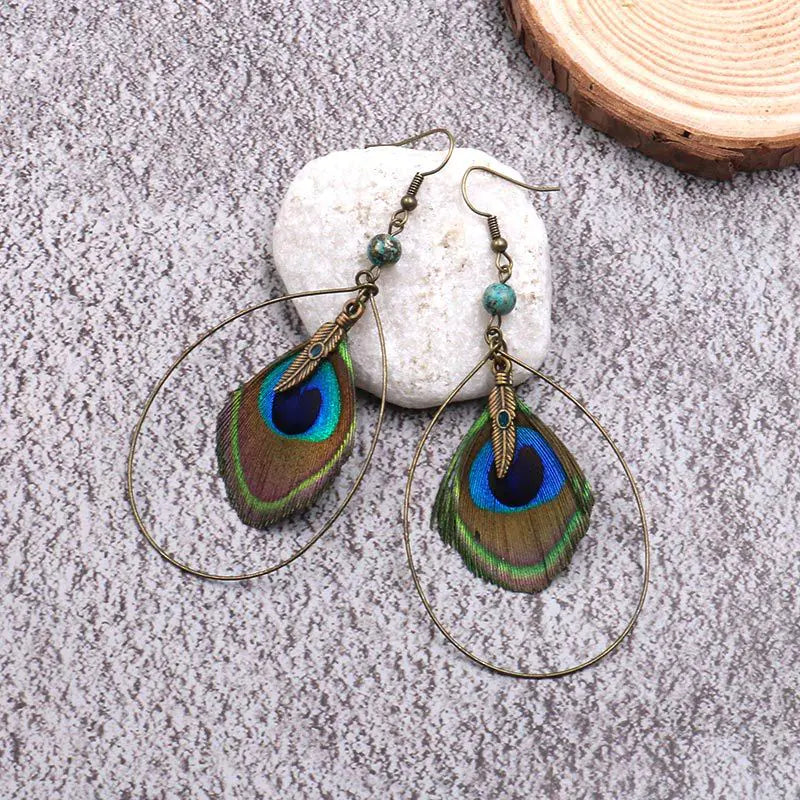 Bohemian Vintage Natural Peacock Feather Earrings