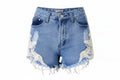Woman wearing a white lace top and denim shorts with lace trim, next to a close-up of the shorts.