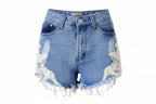 Woman wearing a white lace top and denim shorts with lace trim, next to a close-up of the shorts.