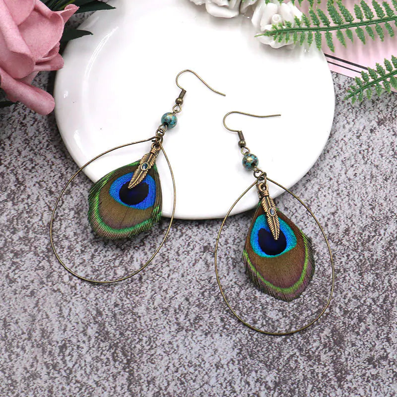Bohemian Vintage Natural Peacock Feather Earrings