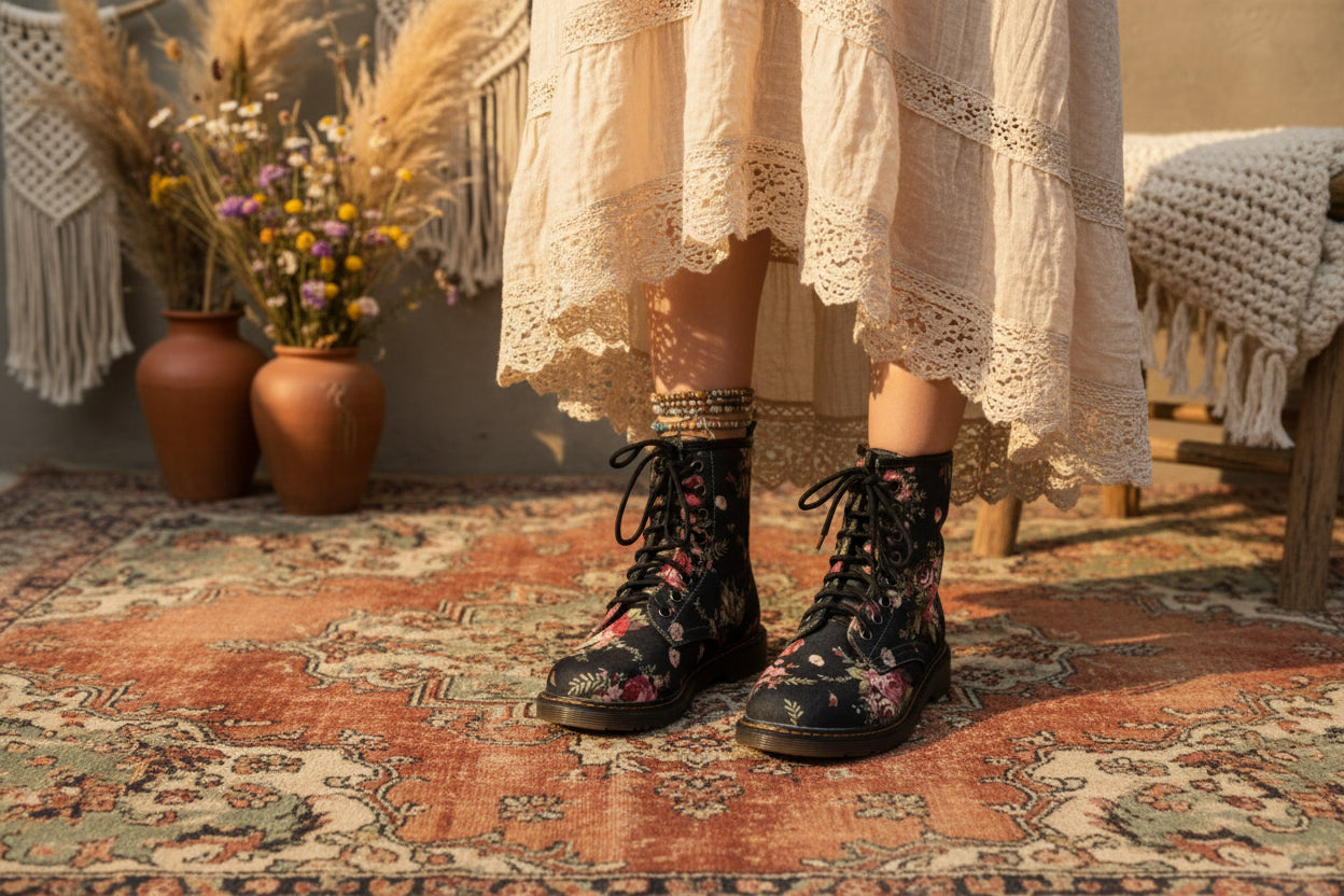 Floral patterned boots on abohemian carpet background