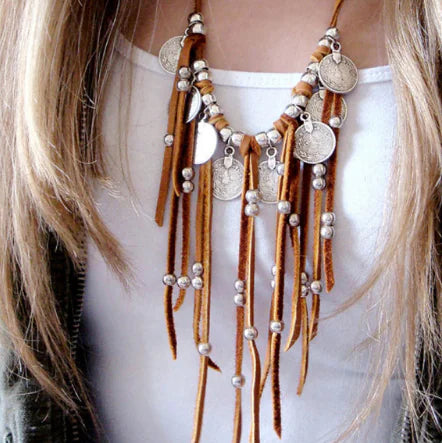 Bohemian Suede Coin Bead Tassel Necklace