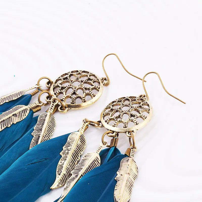 Bohemian Long Dreamcatcher Leaf Feather Earrings