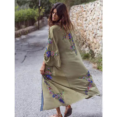 Embroidered Flower Bohemian Green Cardigan Dress