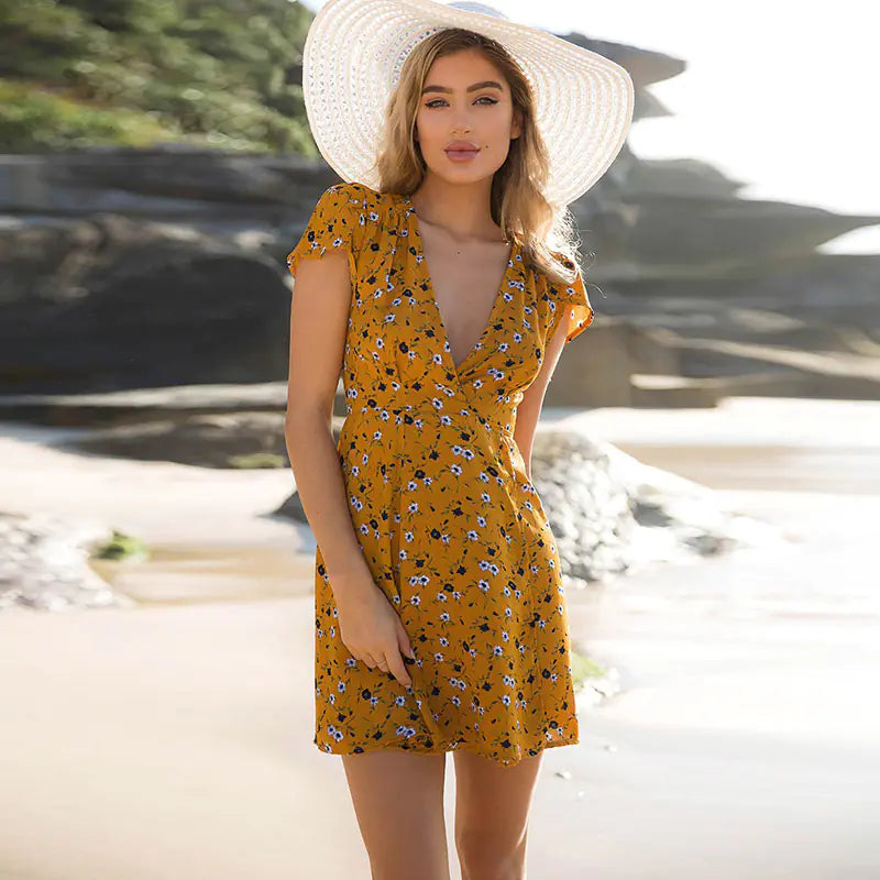 Women's Mini Bohemian V Neck Chiffon Dress