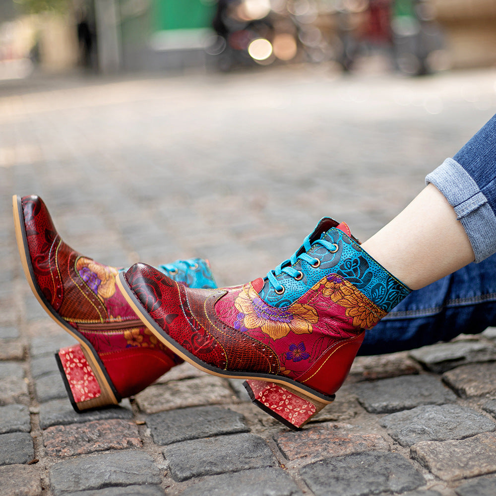 Lace-Up Women's Boots, Vintage Style Leather Cowboy Boots