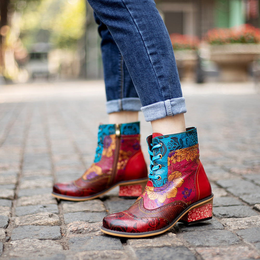 Lace-Up Women's Boots, Vintage Style Leather Cowboy Boots