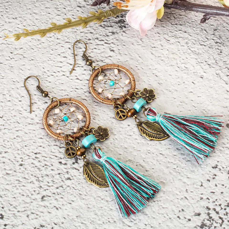 Bohemian Dreamcatcher Leaf Flower Tassel Earrings