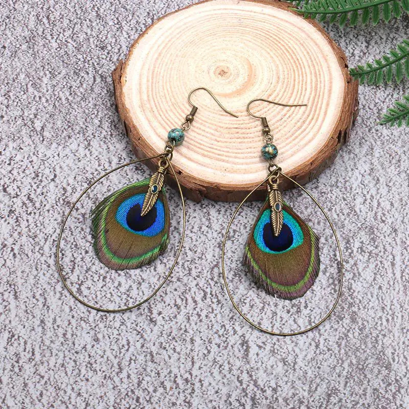 Bohemian Vintage Natural Peacock Feather Earrings