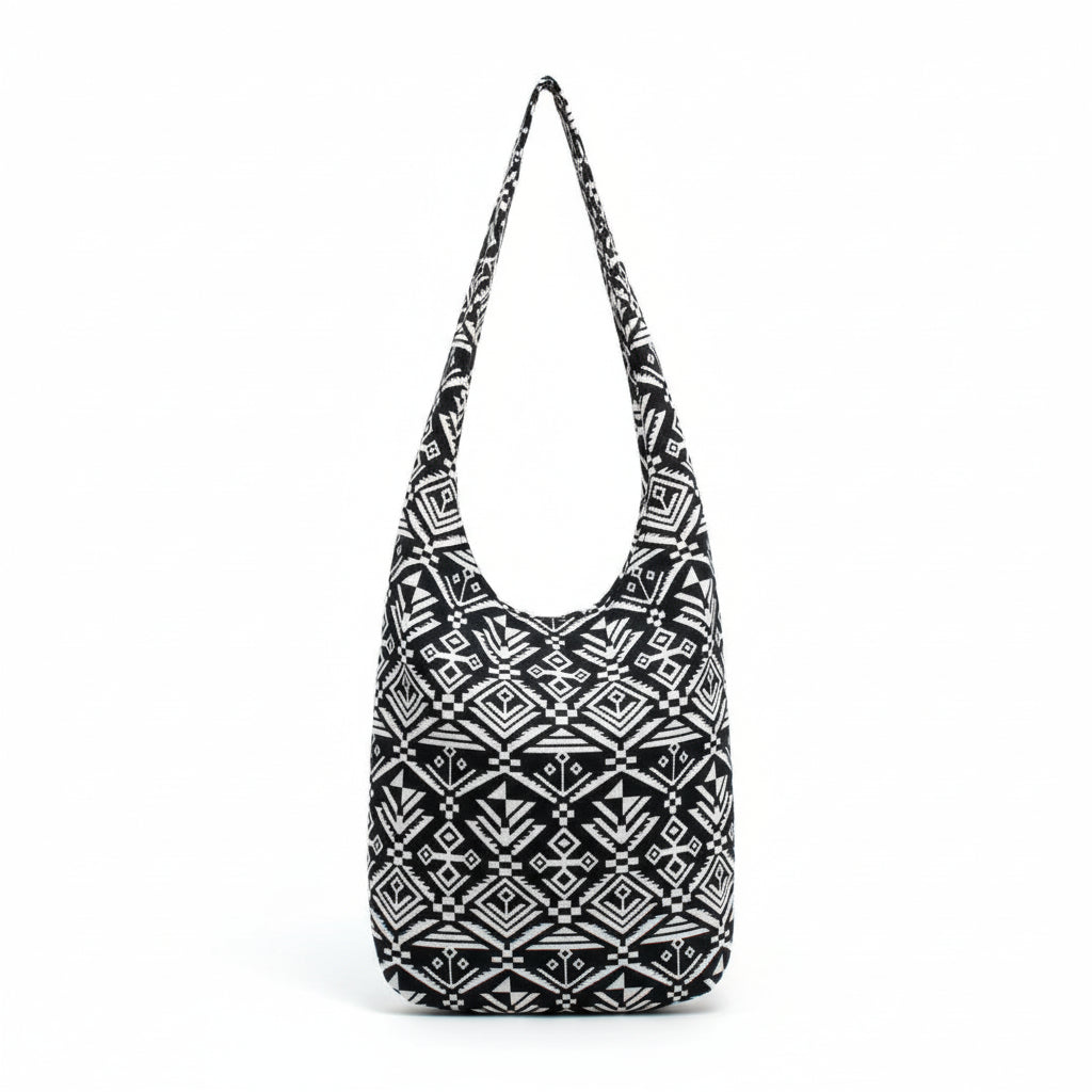 Two black and white patterned bags on a white background