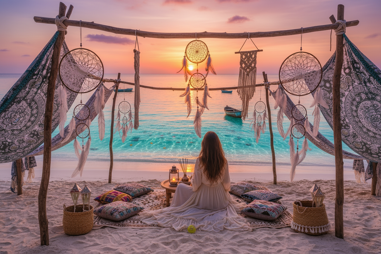 Beach setup with dreamcatchers, lanterns, and a table at sunset.