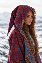 Anastasia close-up in burgundy and blue Kia Kimono