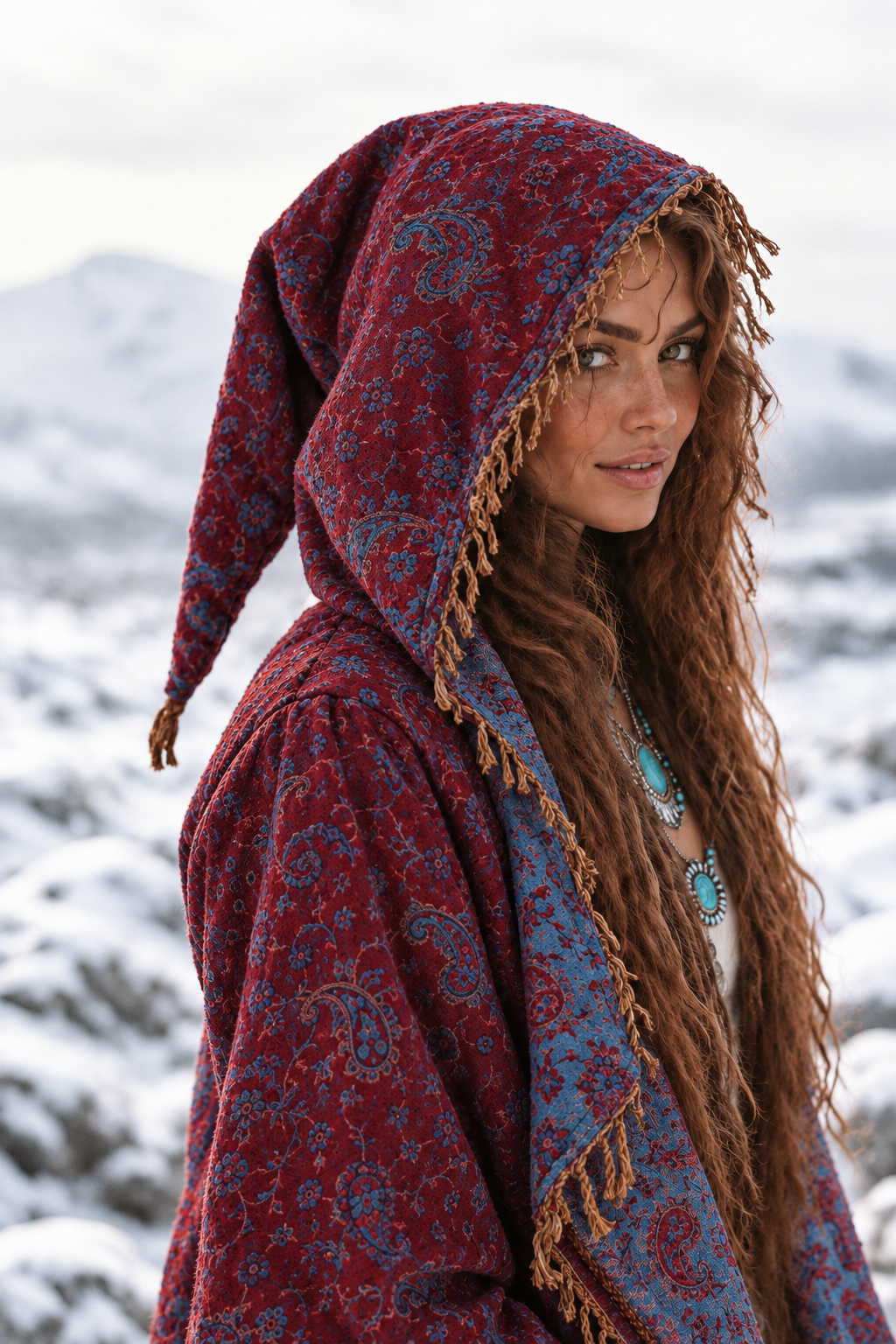 Anastasia close-up in burgundy and blue Kia Kimono