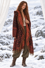 Anastasia in black and coral Kia cloak with narrower sleeves