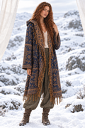 Anastasia in navy and gold Kia cloak with narrower sleeves