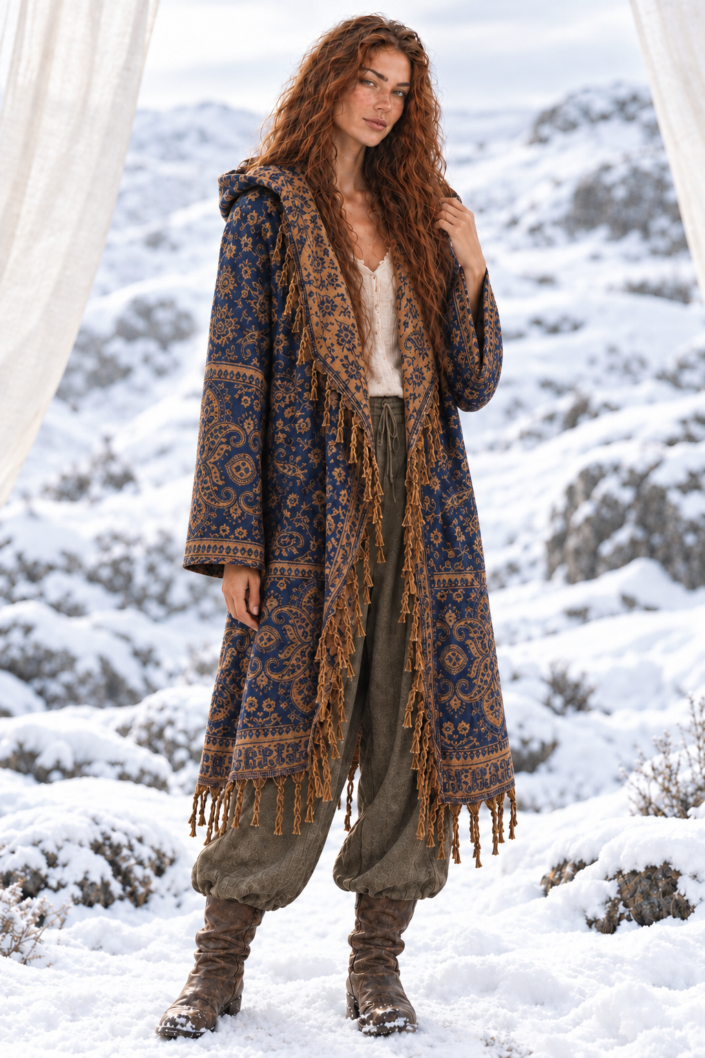 Anastasia in navy and gold Kia cloak with narrower sleeves