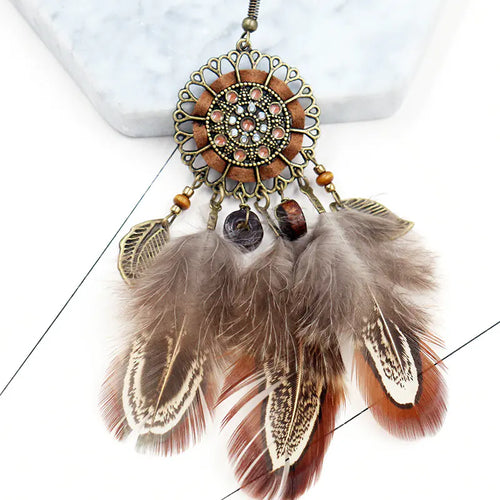 Bohemian Dreamcatcher Feather Earrings with Sunflower