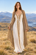 Athena in lighter mesh kimono and softer sheer-hem Empire Dress