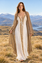 Athena in lighter mesh kimono and softer sheer-hem Empire Dress