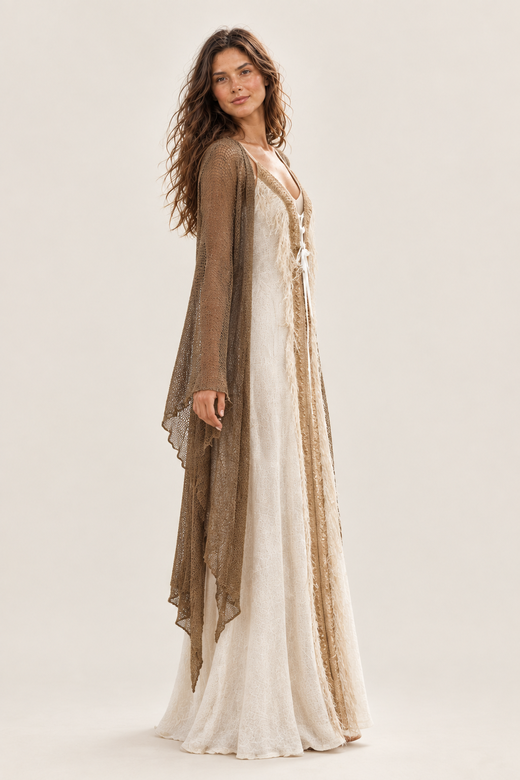 Athena side studio view in Empire Dress and kimono