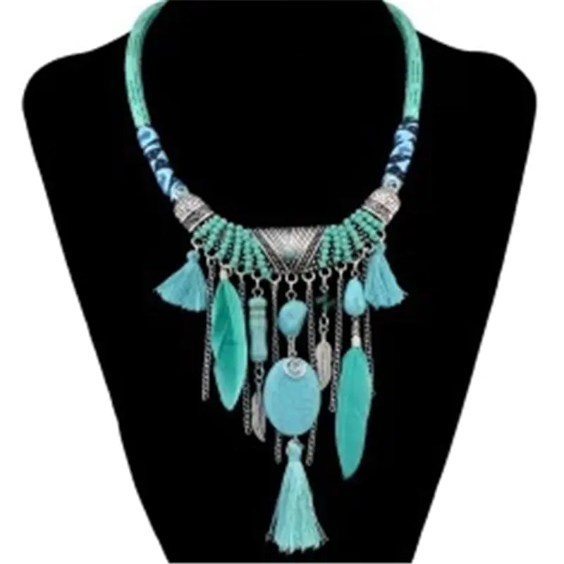 Bohemian Feather Necklace with Turquoise Tassels