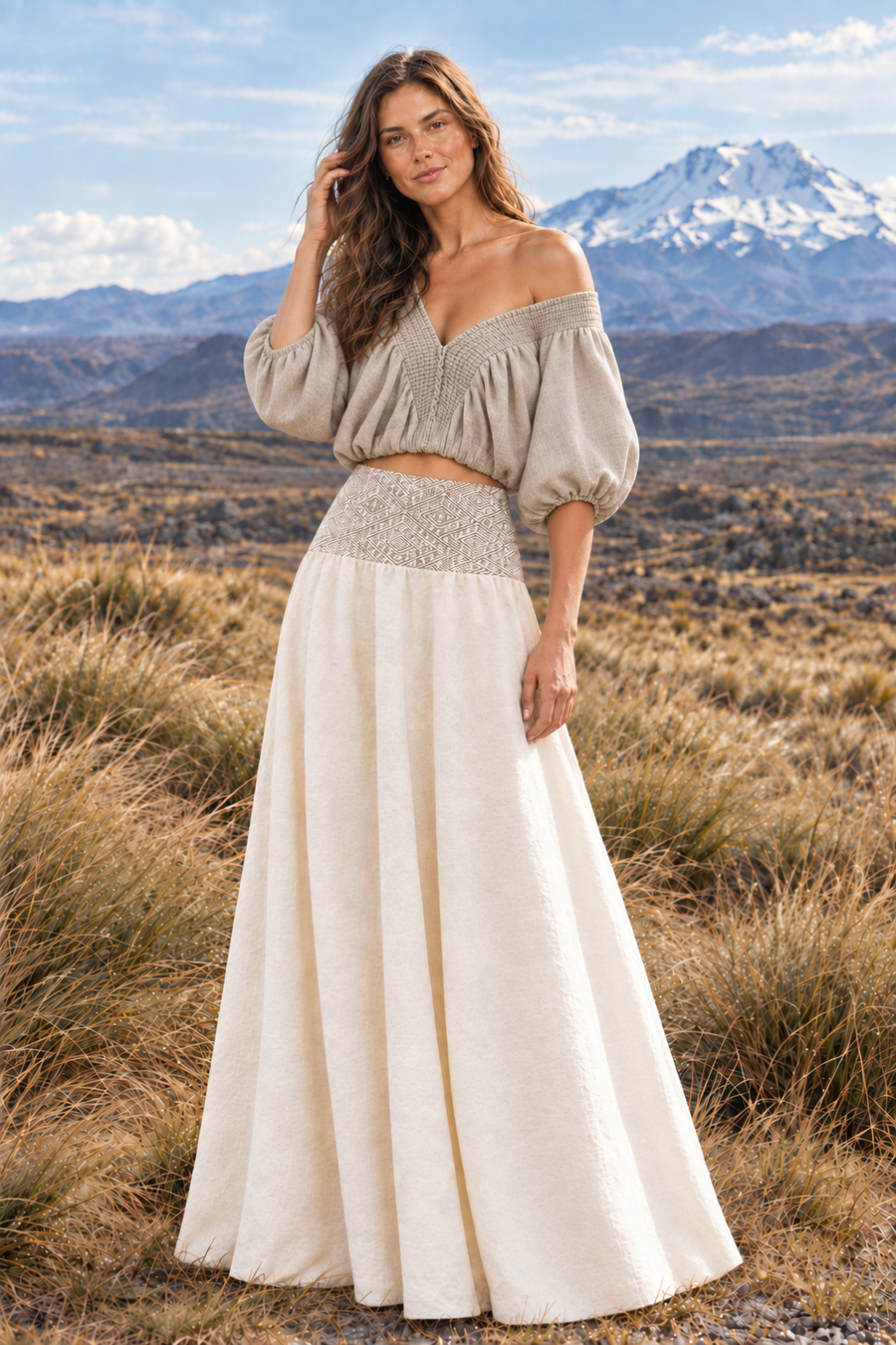 Bare-shoulder pose with top texture matched to reference