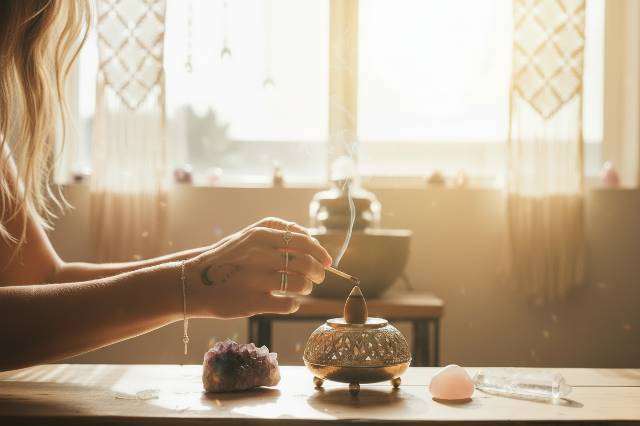 Bohemian hand lighting incense - refined background