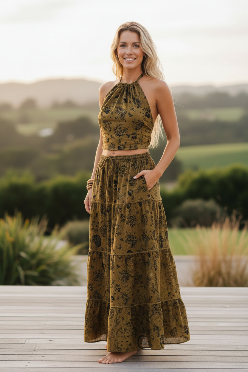 Bohemian model wearing the gathered halter top with the Tiered Mushroom Boho Skirt