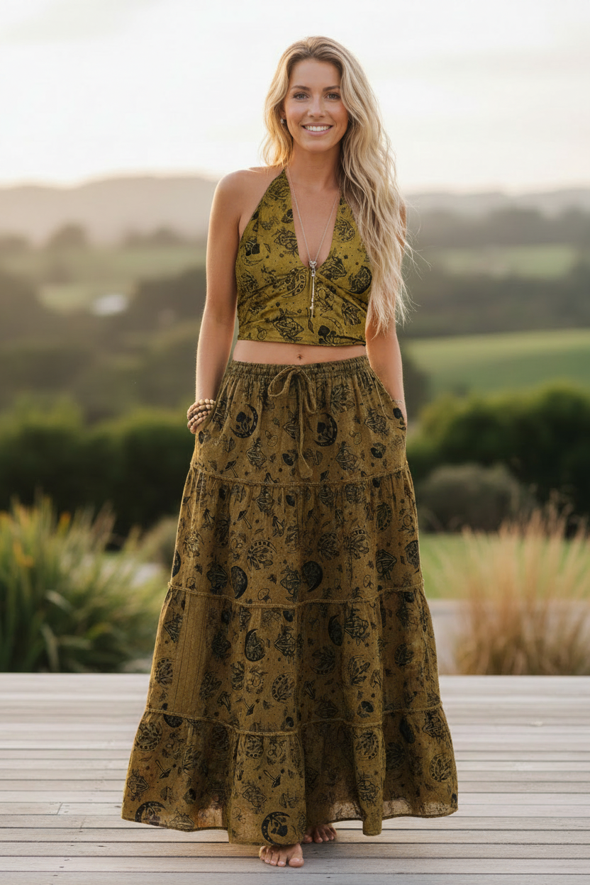 Bohemian model wearing the paisley halter top with the Tiered Mushroom Boho Skirt