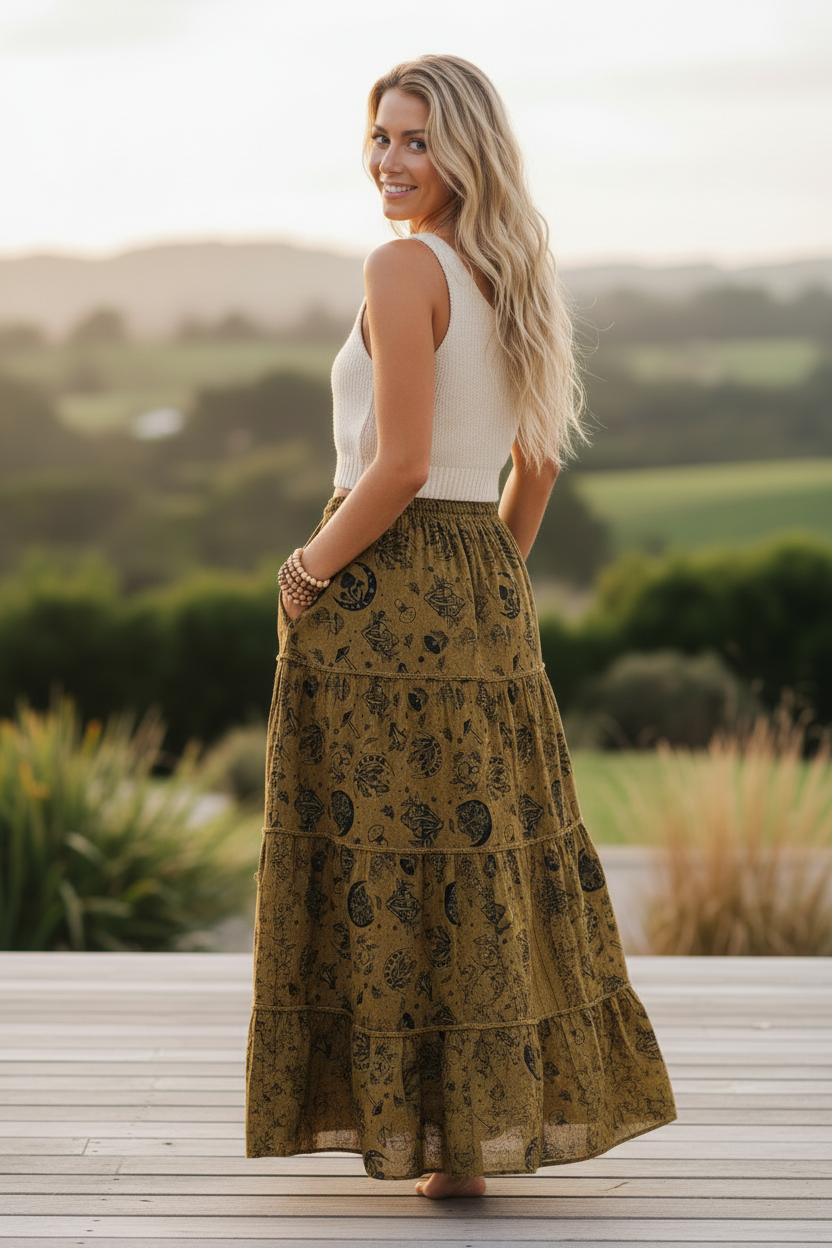 Bohemian model wearing the Tiered Mushroom Boho Skirt in a back pose