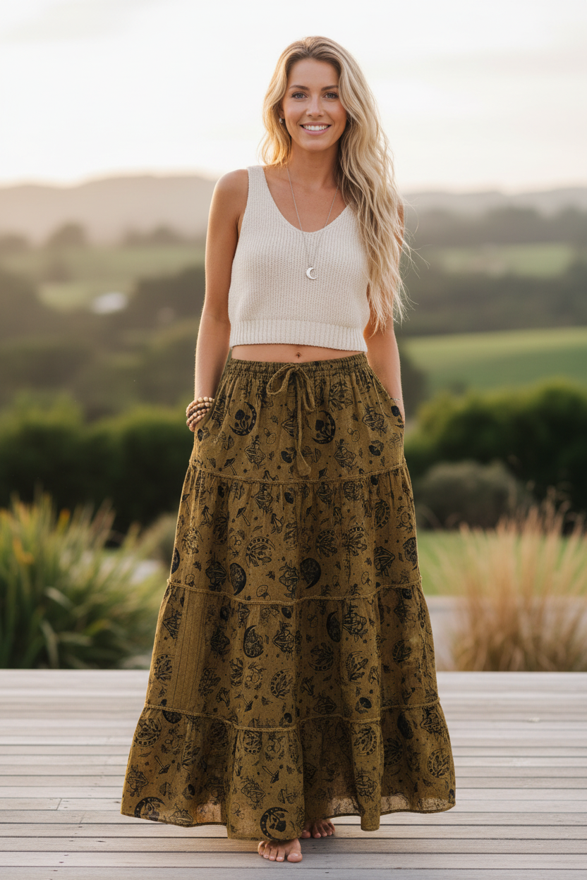 Bohemian model wearing the Tiered Mushroom Boho Skirt in a front pose
