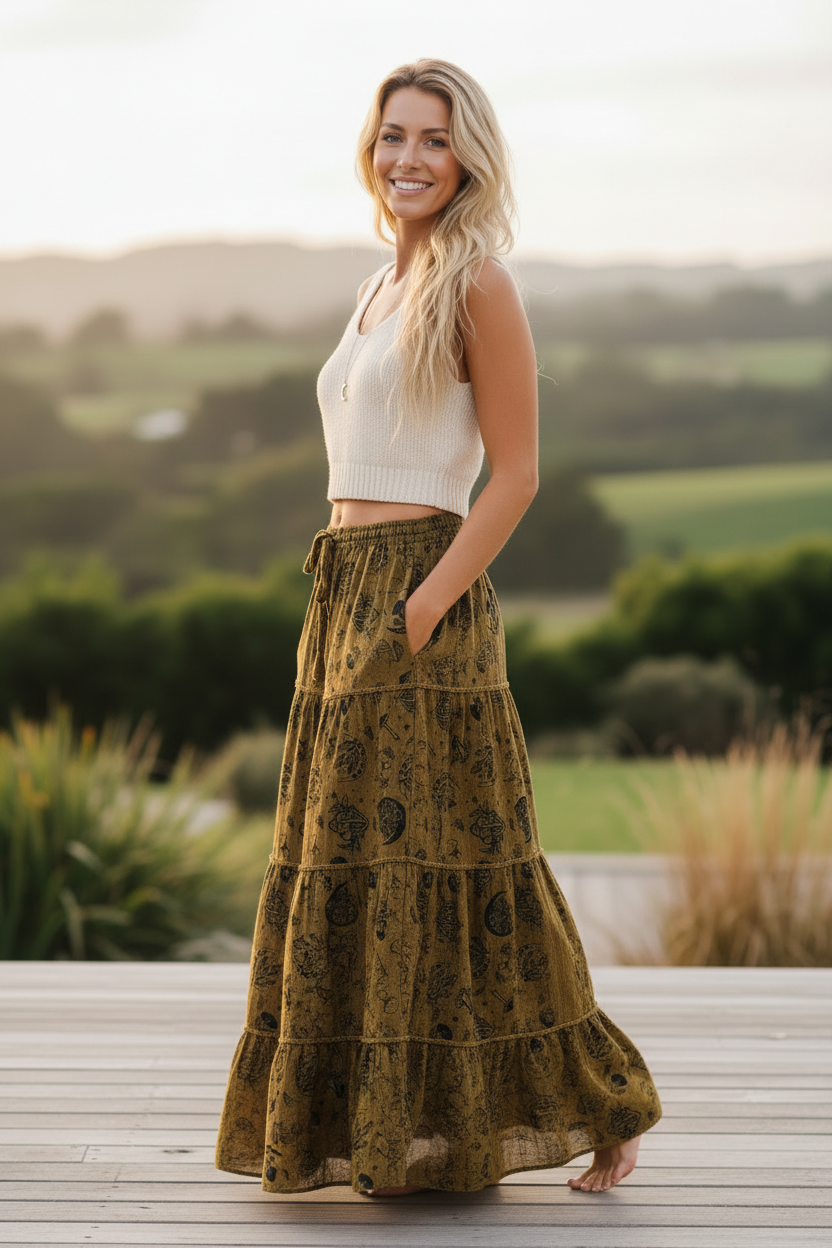 Bohemian model wearing the Tiered Mushroom Boho Skirt in a side pose