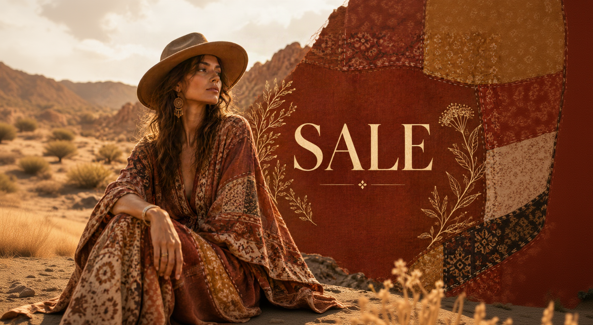 A woman in a wide-brim hat and a patterned boho robe sits in a desert landscape, with a large rust-colored patchwork textile backdrop featuring the word SALE in gold text.