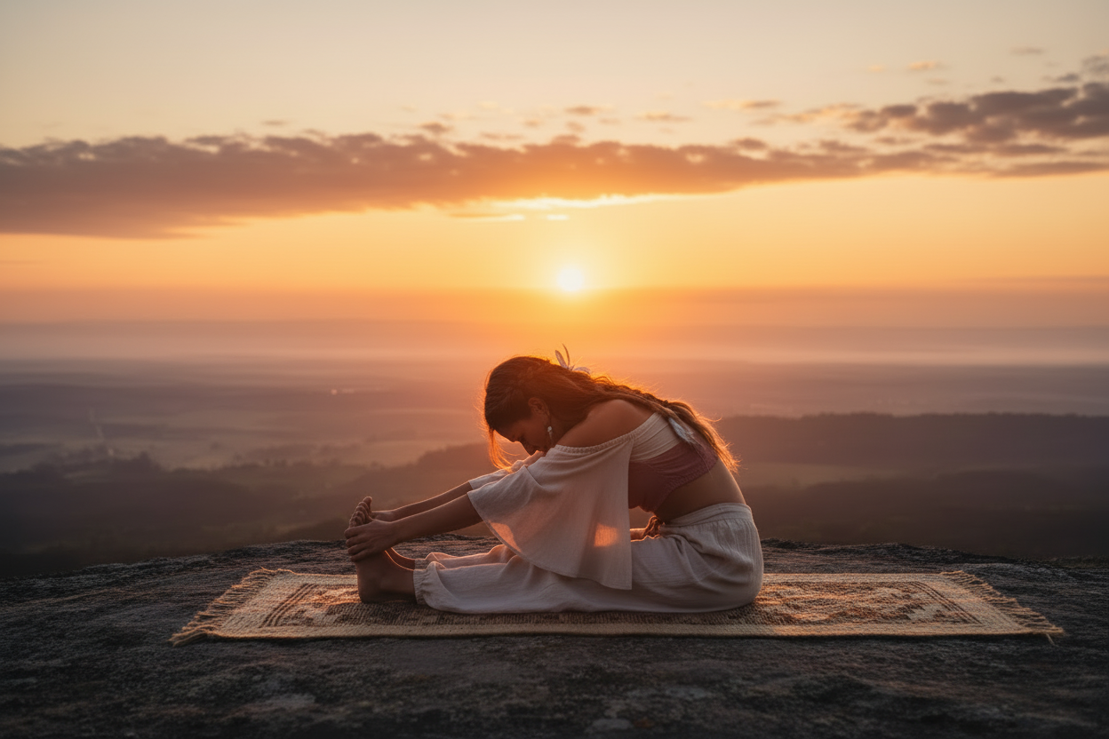 Bohemian woman practicing yoga at sunrise