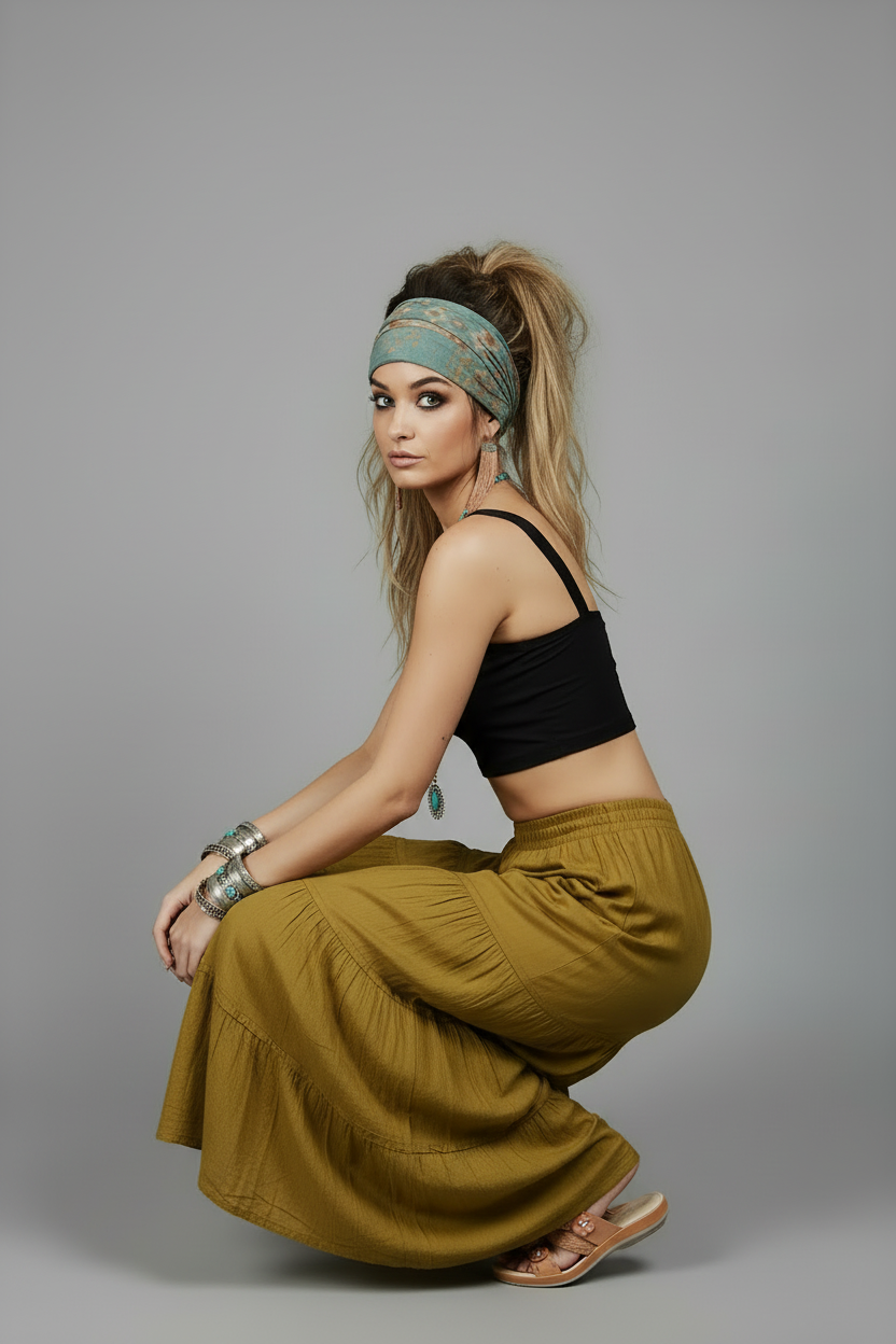 Boho Model Crouching Pose