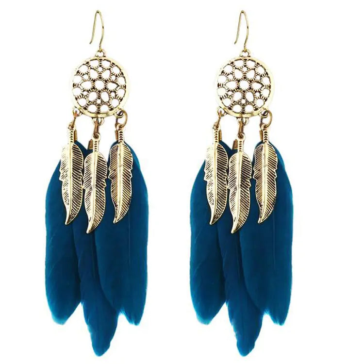 Bohemian Long Dreamcatcher Leaf Feather Earrings