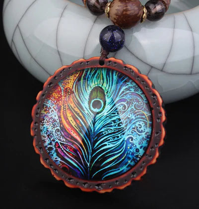 Peacock Feather Pendant, Bohemian Sweater Necklace