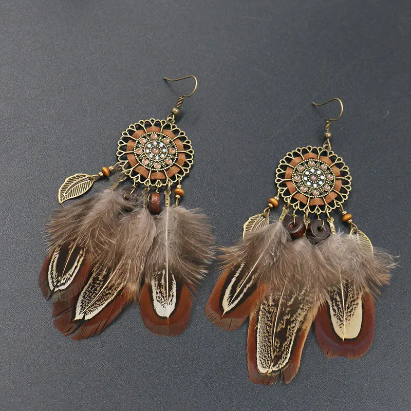 Bohemian Dreamcatcher Feather Earrings with Sunflower