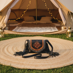 Glamping Tent - Jute Rug Extending Out, Bag Between Lanterns