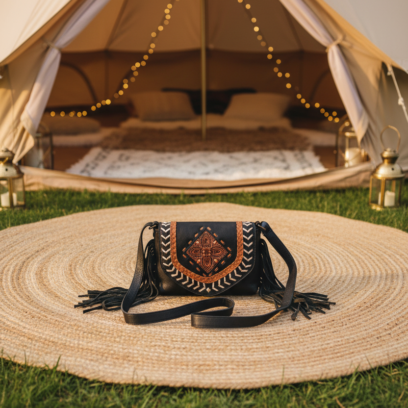 Glamping Tent - Jute Rug Extending Out, Bag Between Lanterns